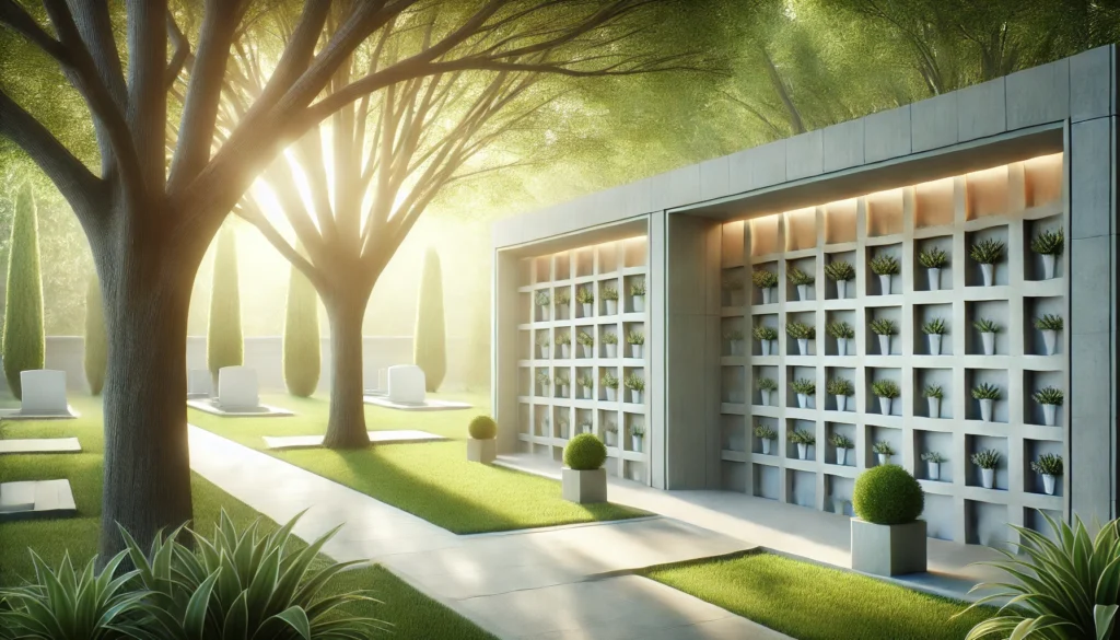 Imagen serena de un columbario moderno en un entorno al aire libre, rodeado de vegetación y luz natural