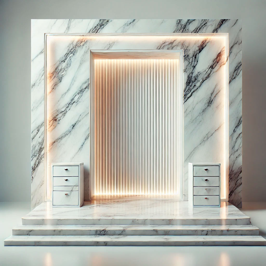 Una cripta moderna de alta calidad con acabados en mármol blanco y granito, luces suaves integradas que realzan su diseño elegante, perfecta para una presentación profesional y minimalista.