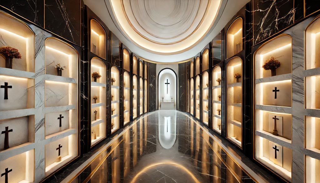 Interior de columbario moderno en México con nichos de mármol negro y blanco, acentos dorados y diseño arquitectónico sofisticado para descanso eterno