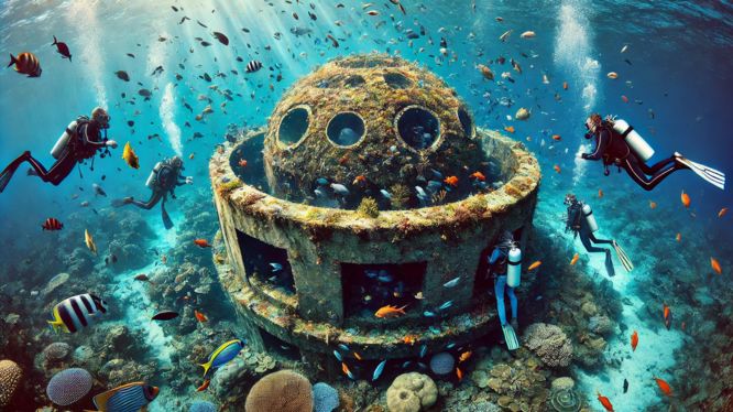 Escena submarina que muestra a buzos explorando una cripta subacuática cubierta de coral y rodeada de vida marina vibrante, incluidos peces de colores y un ecosistema marino diverso, iluminada por rayos de luz solar filtrándose a través del agua cristalina