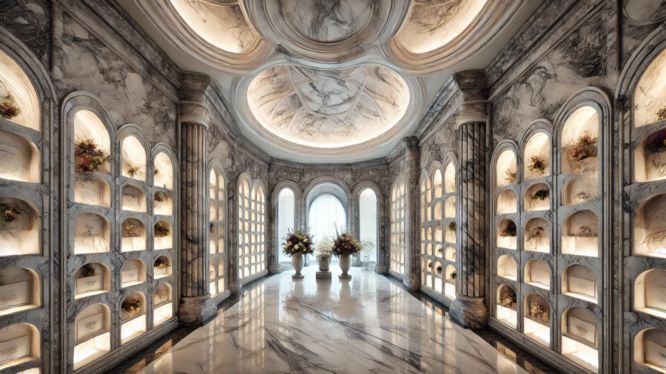 Columbario de lujo con diseño de mármol, nichos iluminados suavemente, columnas decorativas y un techo abovedado con detalles artísticos, creando un ambiente solemne y elegante