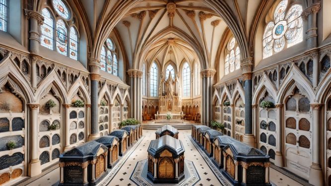 Interior de una iglesia con columbarios elegantemente diseñados, nichos decorados con detalles arquitectónicos góticos y vitrales que aportan una iluminación cálida y solemne