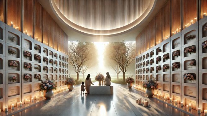 Columbario moderno con iluminación suave, nichos decorados con flores y velas, y una familia rindiendo homenaje en un ambiente sereno rodeado de árboles y luz natural
