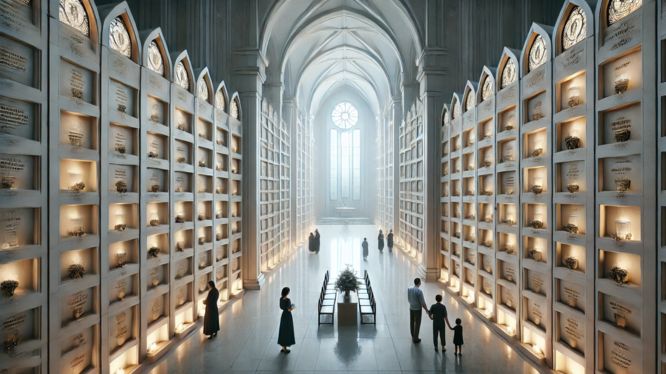 Interior de una iglesia amplia y solemne con nichos cerrados para cenizas, distribuidos en altos muros iluminados suavemente. Familias visitan el lugar, rindiendo homenaje a sus seres queridos en un ambiente espiritual y respetuoso