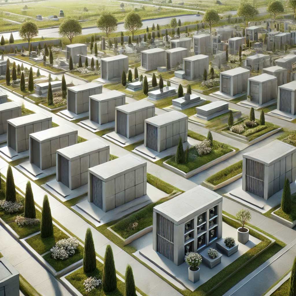 Columbarios en cementerios diseñados para exteriores, fabricados con materiales resistentes a la intemperie, en un entorno solemne y bien mantenido.