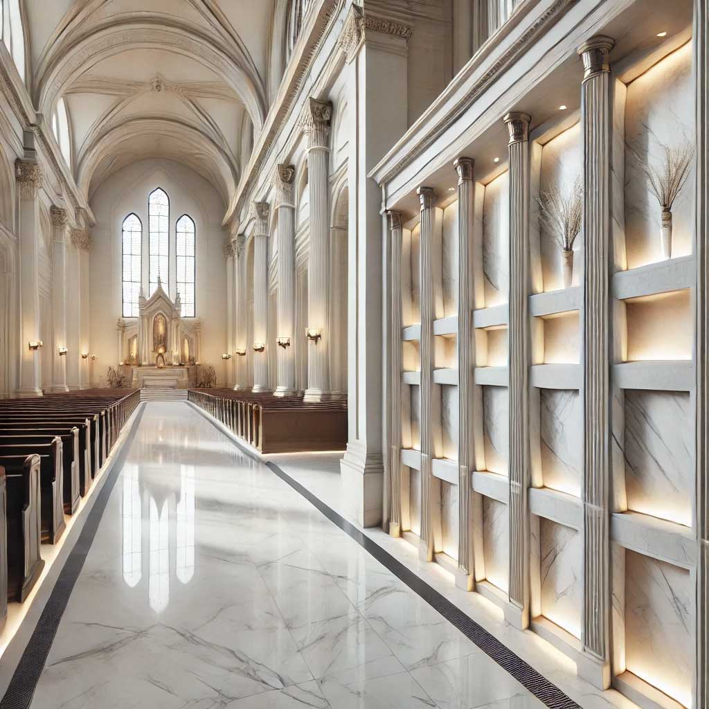 Columbarios modernos de mármol blanco en las paredes de una iglesia, vistos desde el lado opuesto, con un diseño minimalista y elegante en un ambiente solemne y armonioso.