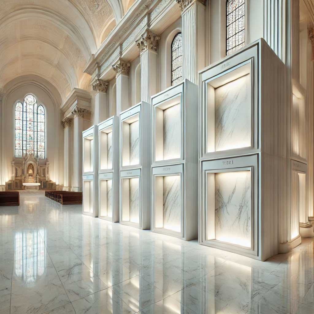 Columbarios modernos de mármol blanco en las paredes de una iglesia, con un diseño minimalista y elegante, en un ambiente solemne y luminoso.