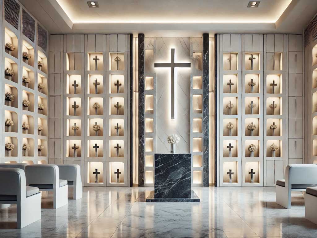 Diseño moderno de columbarios con nichos en mármol blanco y granito oscuro, iluminación LED cálida y un altar minimalista con una cruz metálica en el centro. Perfecto para un espacio funerario solemne y contemporáneo