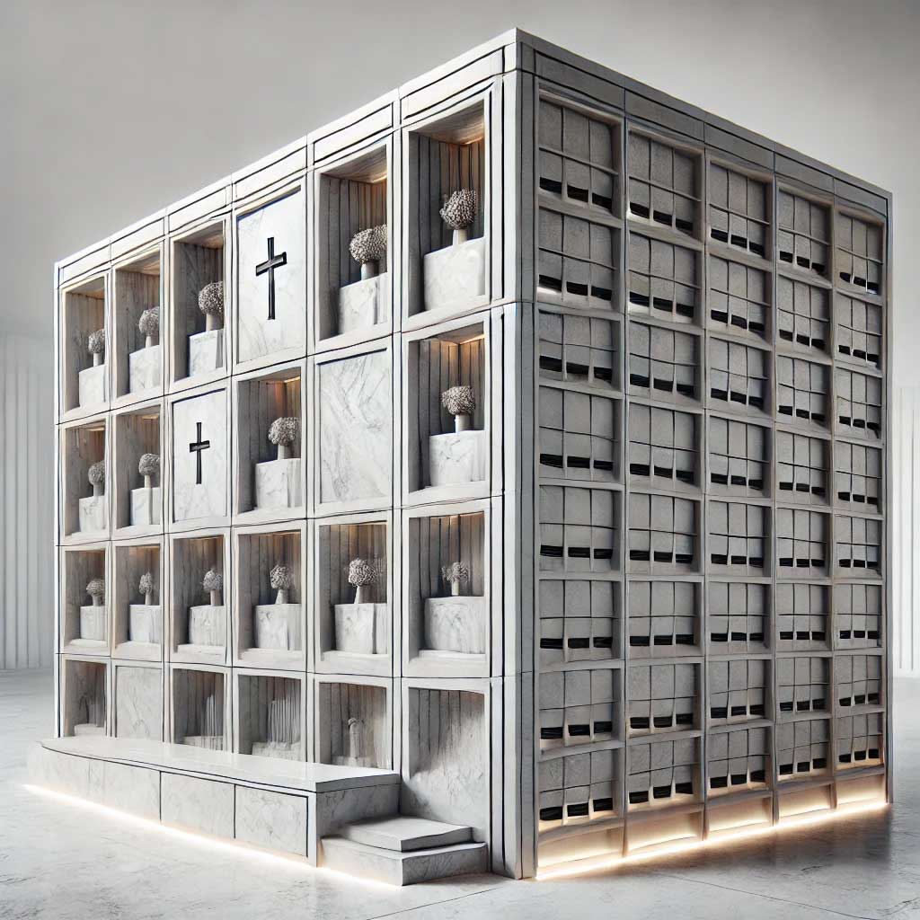 Columbarios modulares de diseño moderno con estructuras apiladas que optimizan el espacio, fabricados con materiales de alta calidad en un entorno solemne y bien organizado.