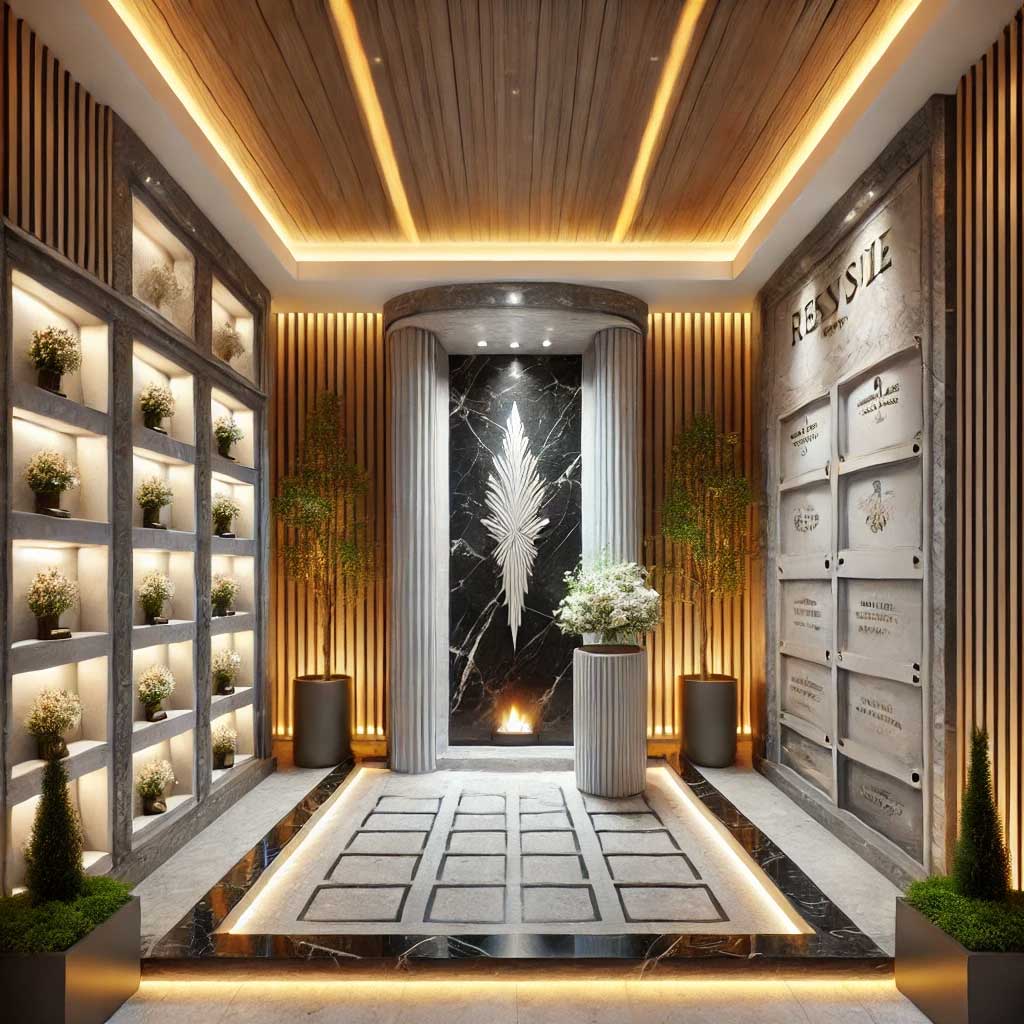 Columbarios privados con diseño personalizado para espacios familiares o residenciales, fabricados en mármol o granito, con detalles exclusivos y un entorno íntimo y acogedor.